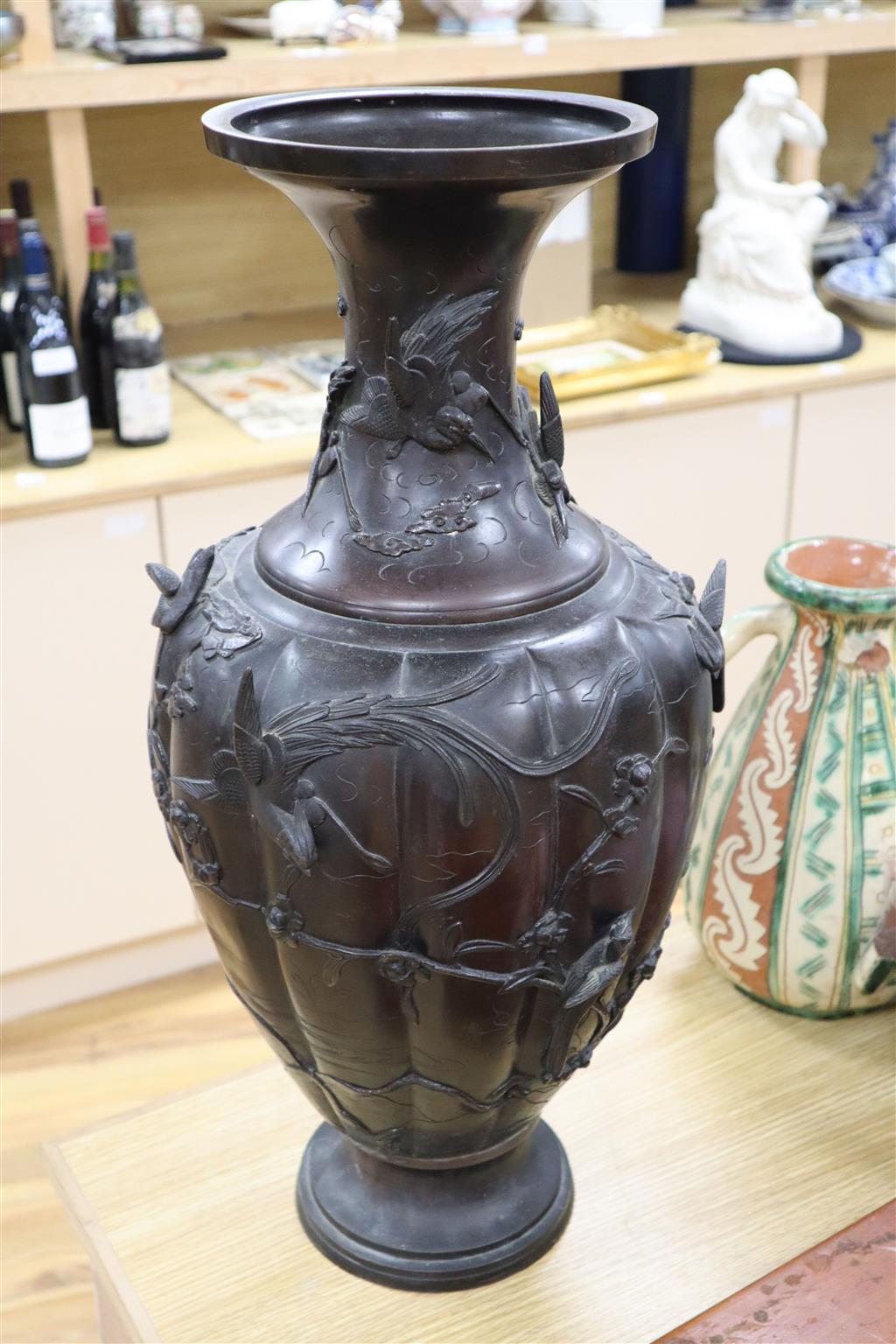 A large Japanese bronze vase, Meiji period, signed, 61cm